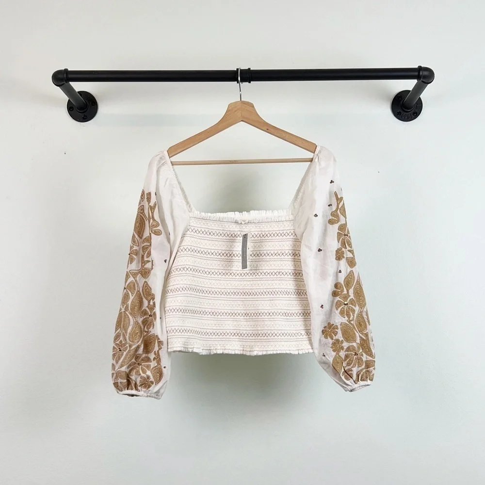 NWT Anthropologie Smocked Embroidered Puff Sleeve Square Neck Top